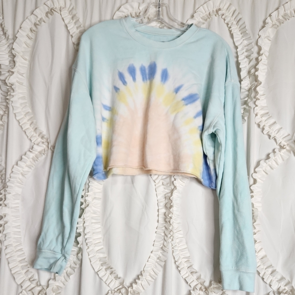 WSLY Cropped Tie-dyed Organic Cotton Fleece Sweatshirt in Turquoise sz Small